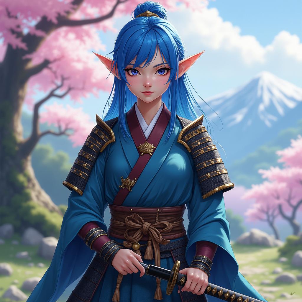 A fifteen-year-old female half-elf samurai, featuring striking blue hair and dressed in traditional samurai armor that combines elegant elven designs with practical elements for battle