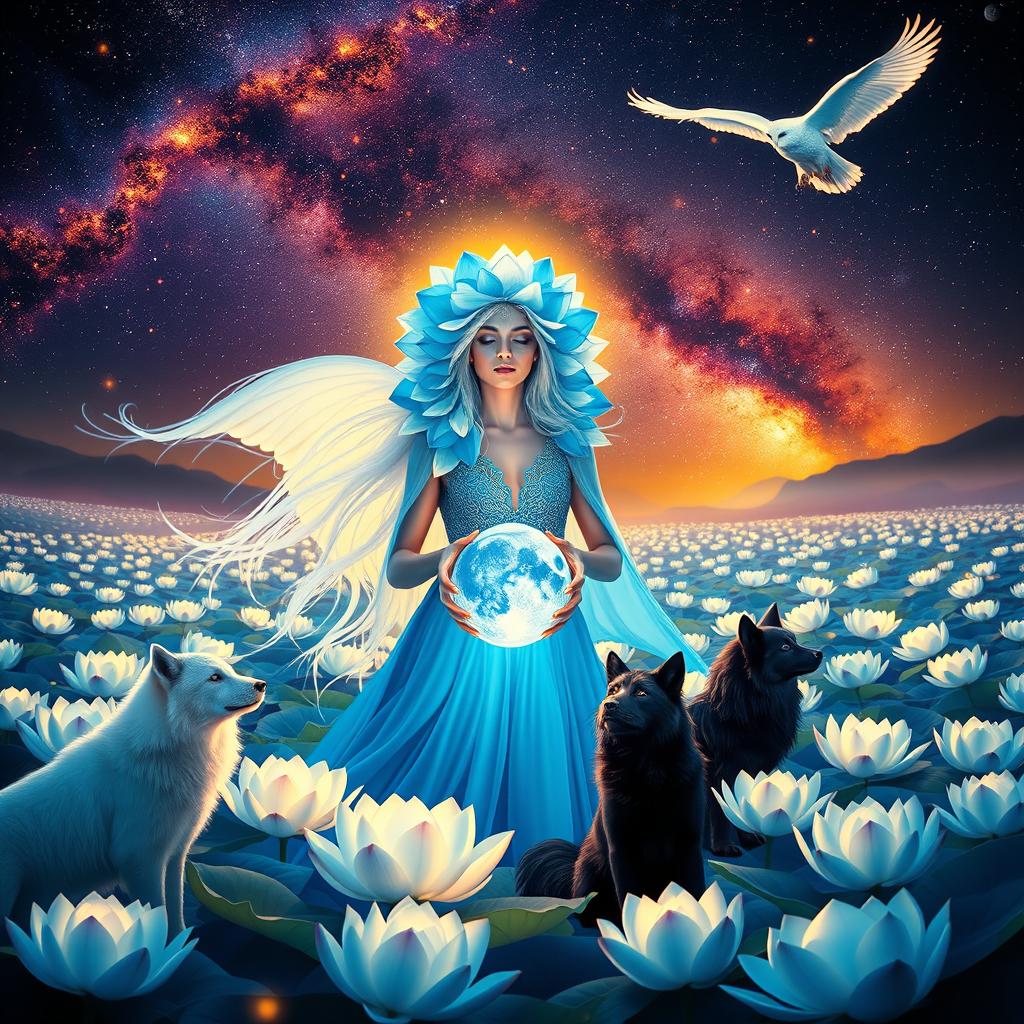 A vibrant and neon-colored night-time fairy landscape, featuring a mystical fairy-like woman with long shiny white hair wearing a flowing blue dress adorned with blue lotus flowers that cover her head