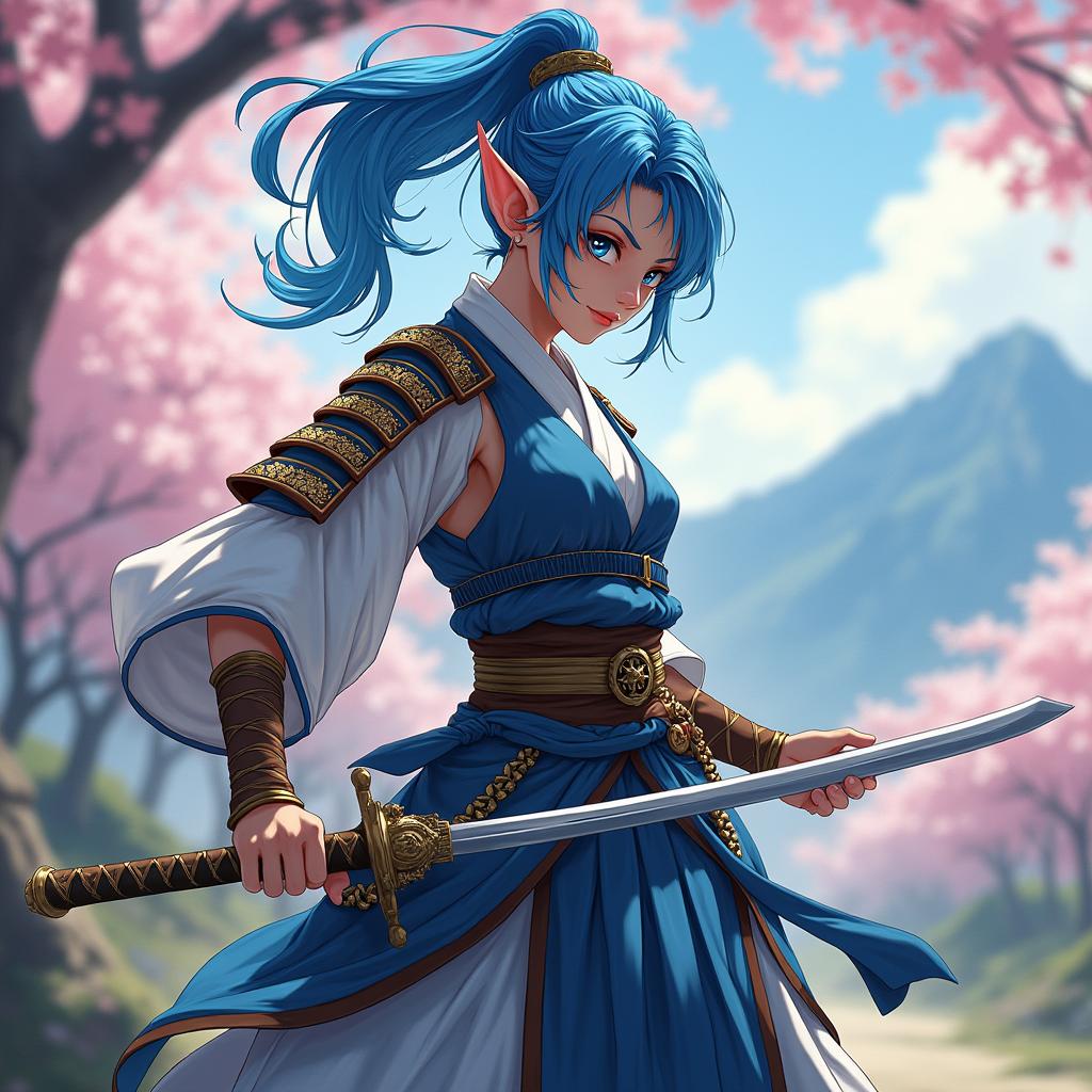 A fifteen-year-old female half-elf samurai with striking blue hair, standing boldly in a dynamic pose with a katana drawn