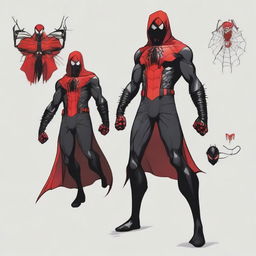 Depict an evil version of Spider-Man dressed in a black armored suit, sporting a large red spider insignia on the chest, red hood, four red eyes, a white web-made cape and spade-shaped bracelets.