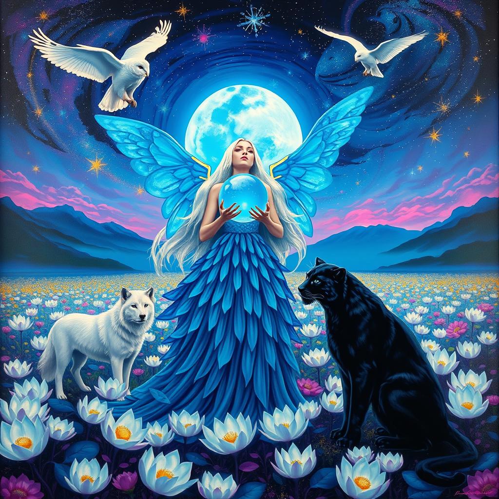 A vibrant and neon colored nighttime fairy landscape, featuring an oil painting in the surrealistic style of Josephin Wall