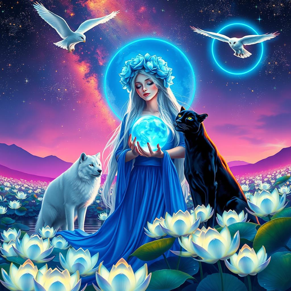 A vibrant and neon colored night time fairy landscape, featuring a portrait of a mystical fairy woman with long shiny white hair, adorned in a flowing long blue dress decorated with blue lotus flowers that cover her head