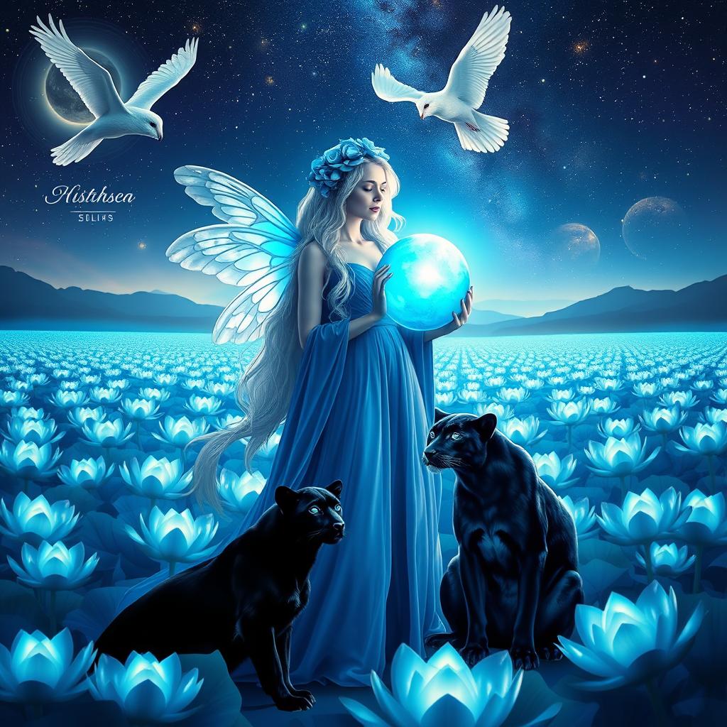 A vibrant and neon colored night time fairy landscape, featuring a mystical fairy woman with long shiny white hair in a flowing blue dress adorned with blue lotus flowers covering her head