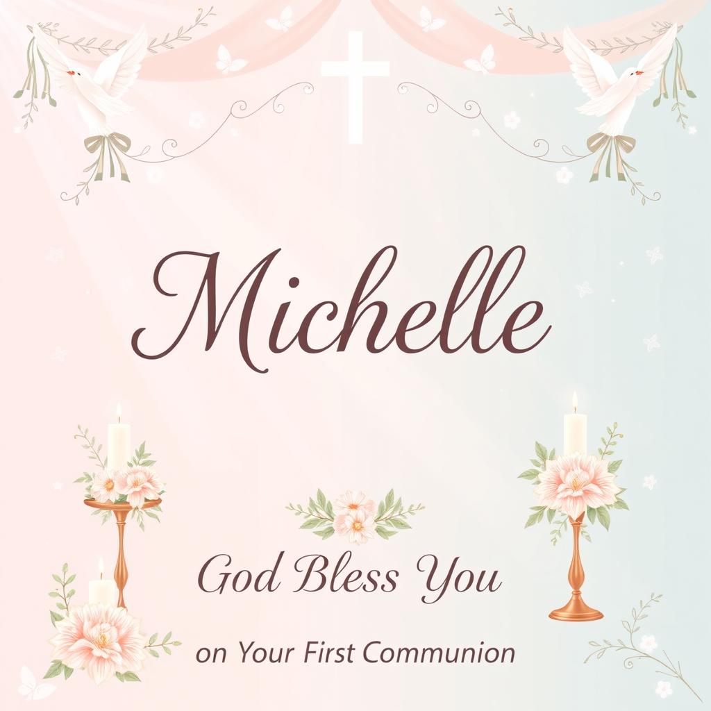 A beautifully designed poster for a child's first communion, featuring the name 'Michelle' prominently displayed in elegant, flowing script