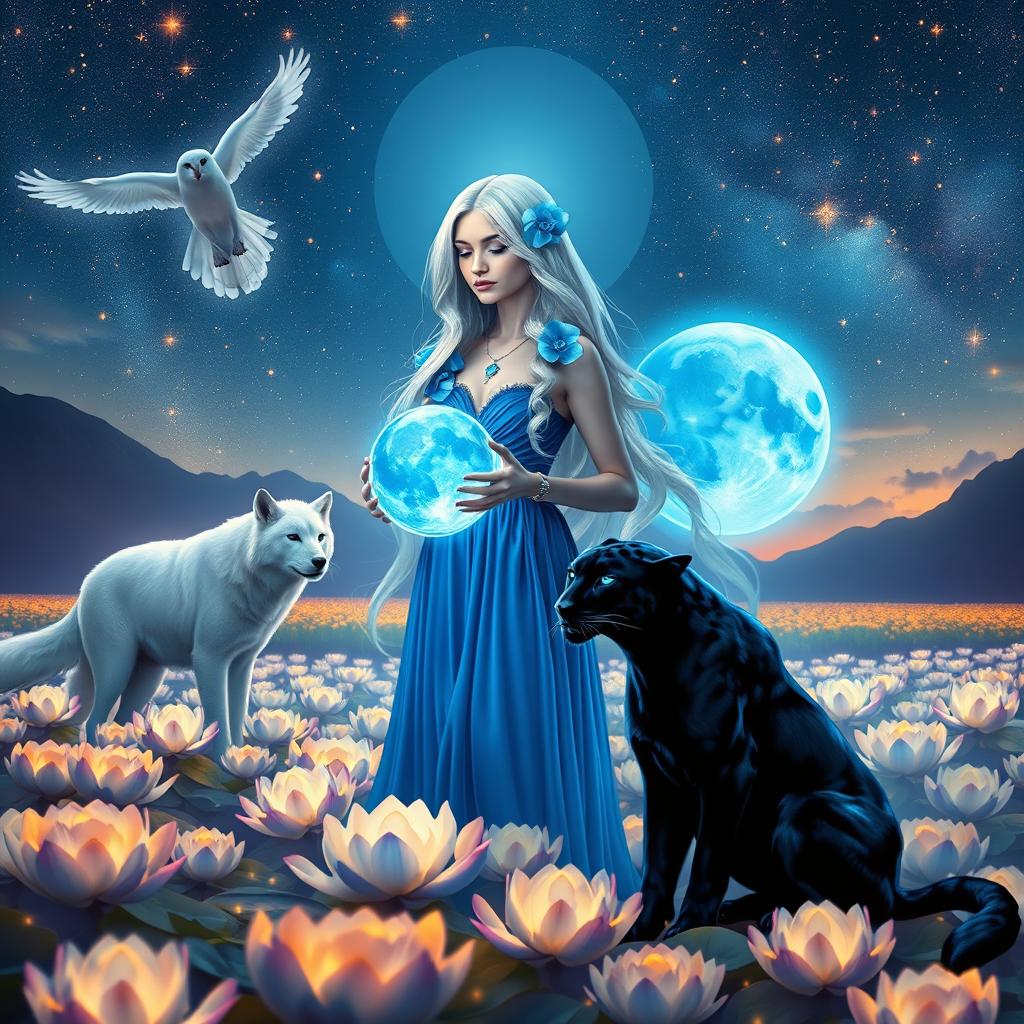 A vibrant and neon colored nighttime fairy landscape, featuring a portrait of a mystical fairy woman with long shiny white hair dressed in a flowing blue dress
