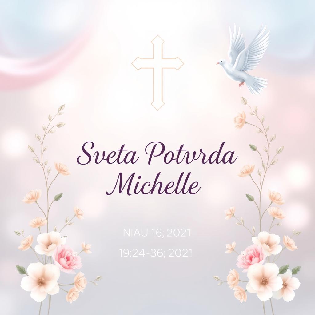 A beautiful confirmation poster for a child named Michelle, featuring elegant religious symbols like a cross and a dove