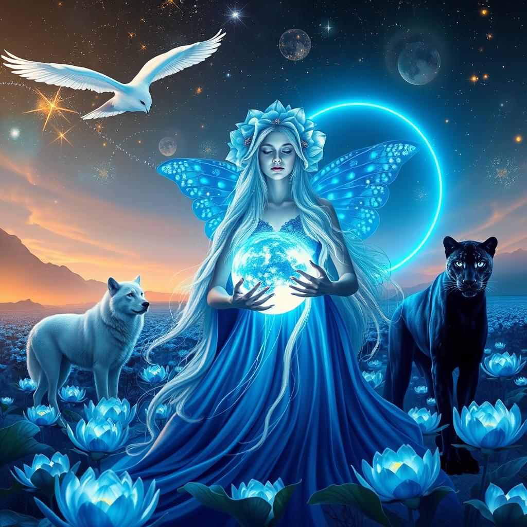 A vibrant and neon-colored night-time fairy landscape, featuring a surrealistic style inspired by Josephin Wall