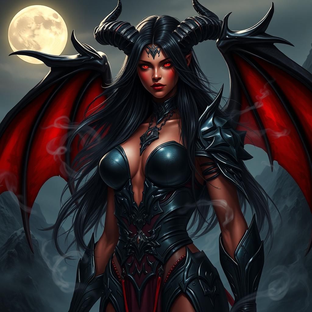 A powerful female demon named Abaddon, with striking features adorned with dark, elegant armor
