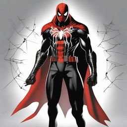 Depict an evil version of Spider-Man dressed in a black armored suit, sporting a large red spider insignia on the chest, red hood, four red eyes, a white web-made cape and spade-shaped bracelets.