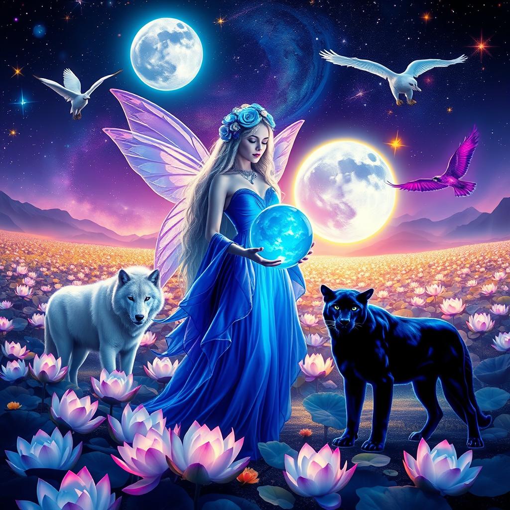 A vibrant and neon colored nighttime fairy landscape, featuring a mystical fairy woman with long shiny white hair and a flowing blue dress adorned with blue lotus flowers on her head