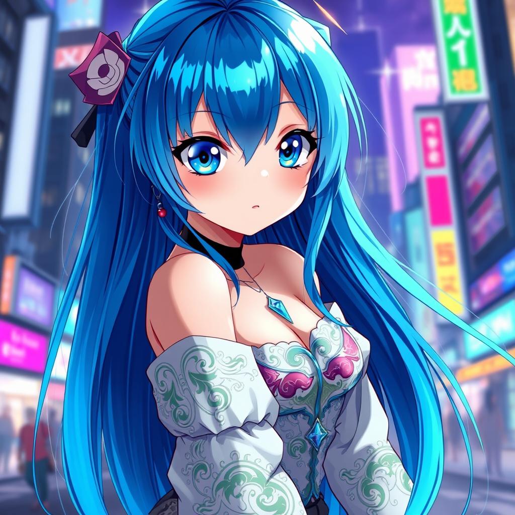 A stunning digital artwork featuring a blue-haired anime girl, with long flowing hair that shines with vibrant highlights