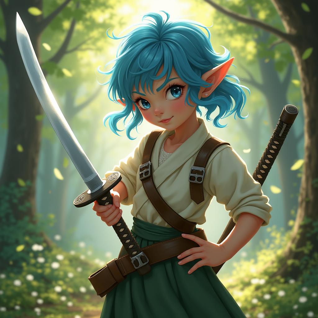 A twelve-year-old half-elf female child with vibrant blue hair, confidently wielding a katana in a poised yet playful stance