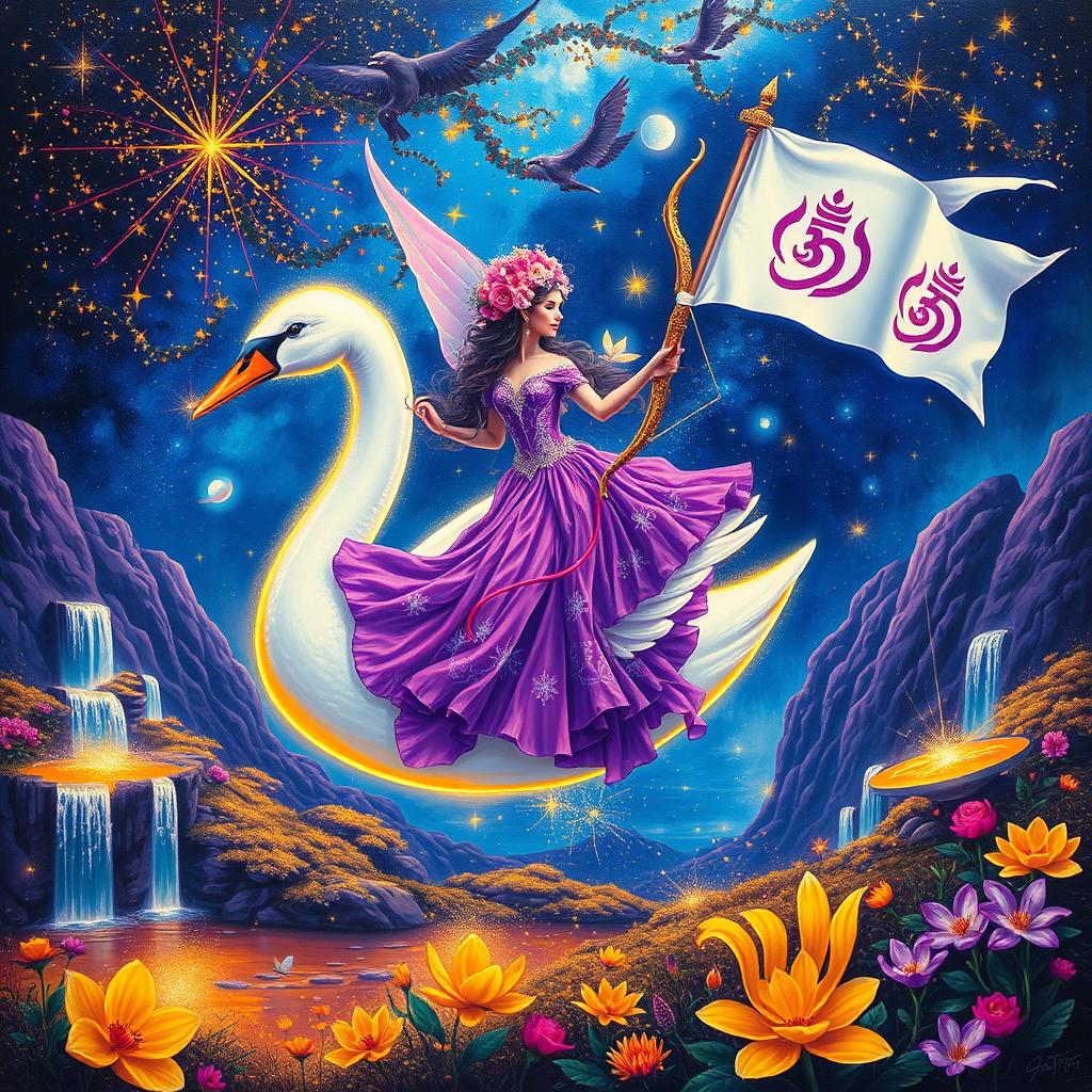 A vibrant and neon colored night time fairy landscape, showcasing a surrealistic scene in the style of Josephin Wall, rendered as an oil painting
