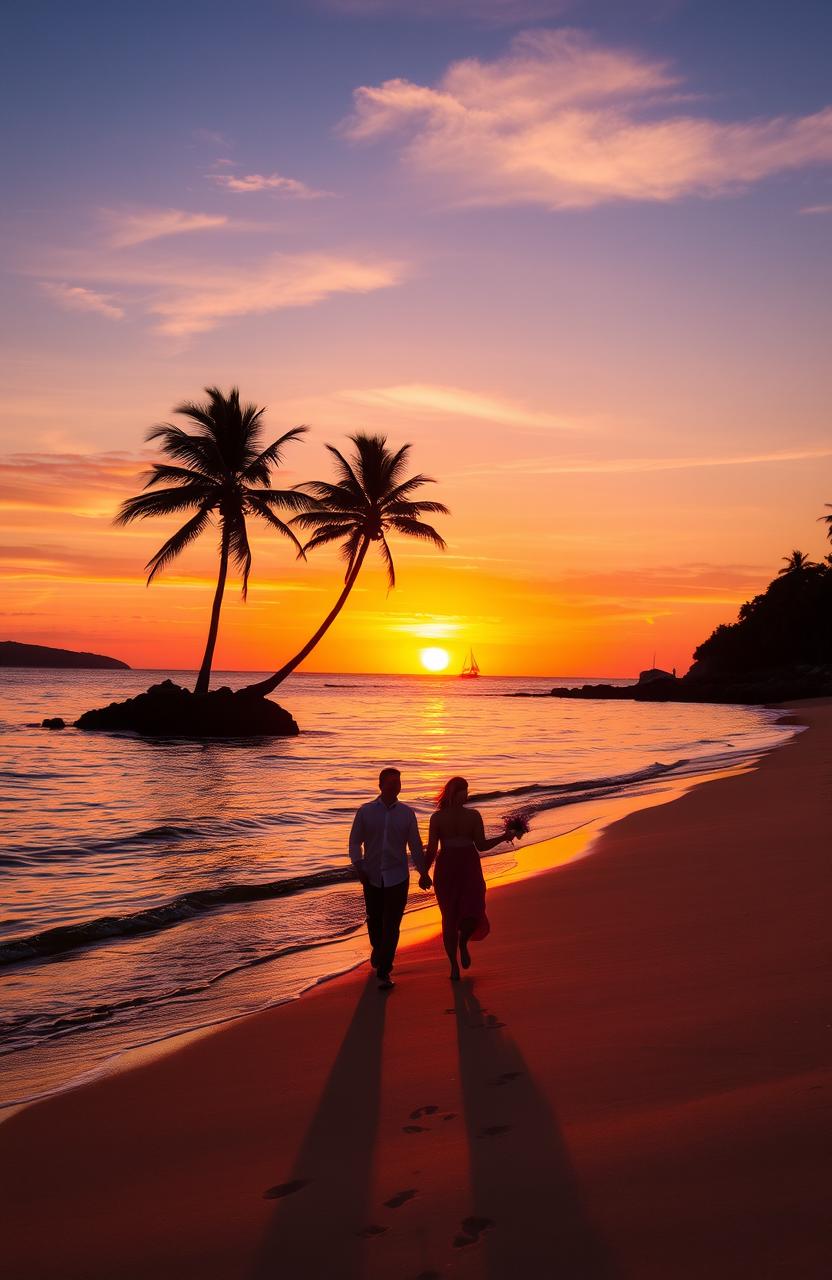 A beautiful sunset over a tranquil beach, with golden sands and gentle waves lapping at the shore