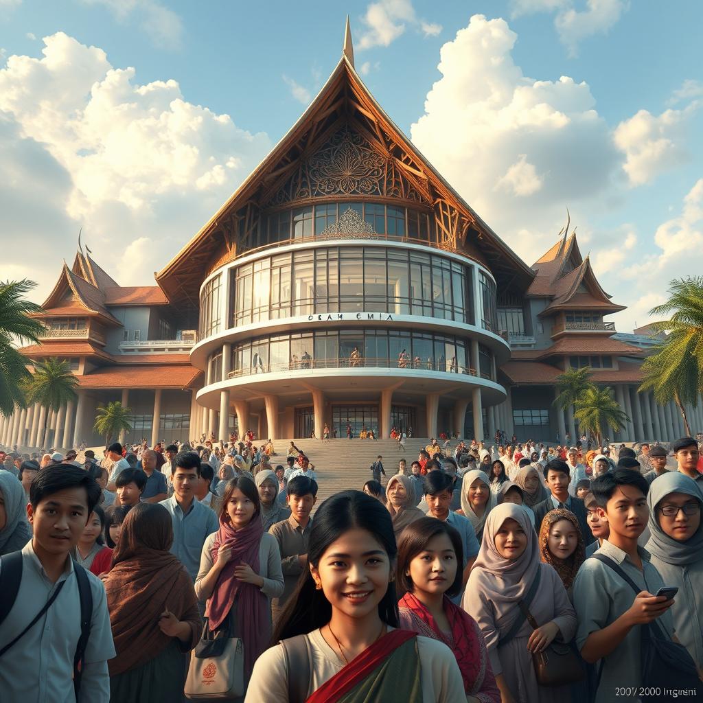In the year 2100, envision a grand and futuristic Gramedia cultural and knowledge center in Indonesia