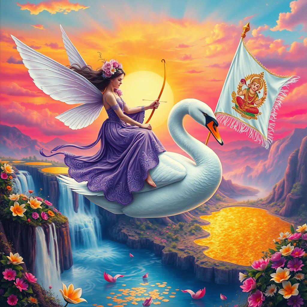 A vibrant and neon colored surrealist sunrise fairy landscape, depicted in the style of Josephin Wall