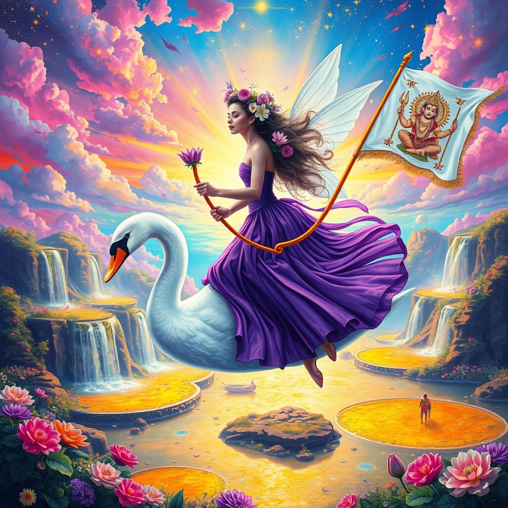 A vibrant and neon-colored sunrise fairy landscape, in the surreal style of Josephin Wall, depicted as an oil painting