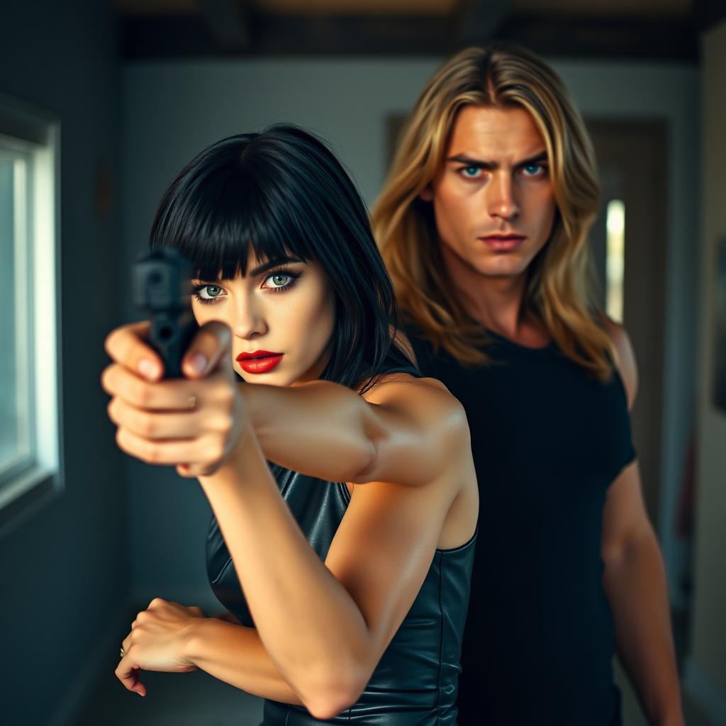 A beautiful short woman with long black hair, striking green eyes, and porcelain skin, wearing a sleek leather dress