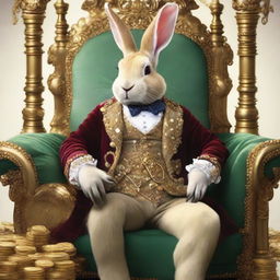 A wealthy rabbit dressed in a jewel-studded waistcoat, sitting in an opulent armchair with a gold monocle, surrounded by stacks of gold coins and precious gems