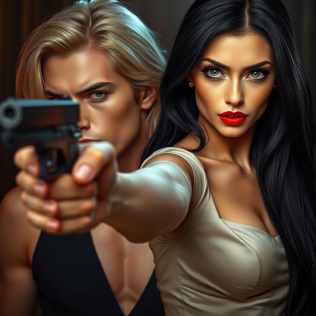 A captivating scene featuring a beautiful short woman with exceptionally long black hair, striking green eyes, and porcelain skin
