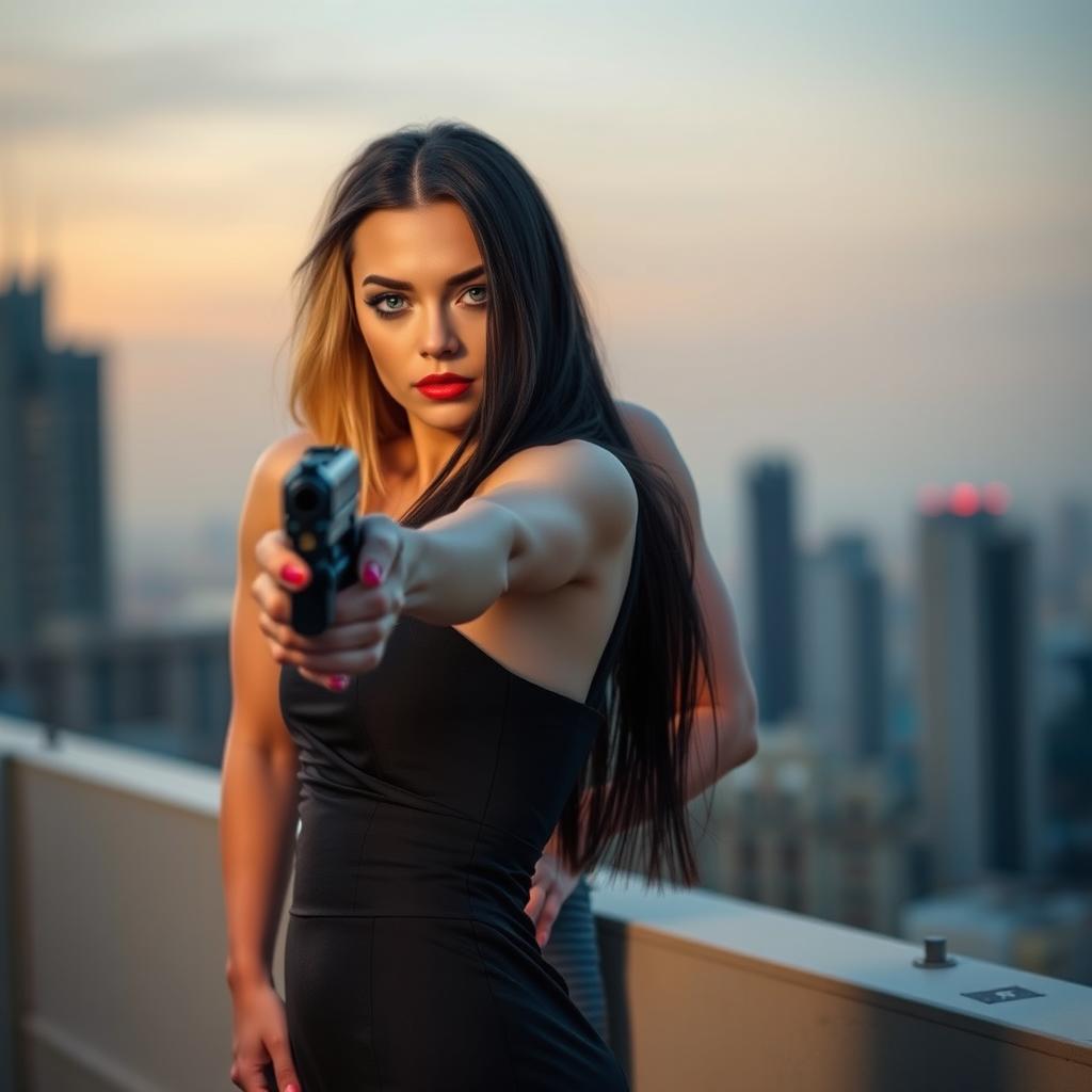 A beautiful short woman with very long black hair, striking green eyes, porcelain skin, and red lips, dressed in an elegant dress, confidently points a gun towards the camera
