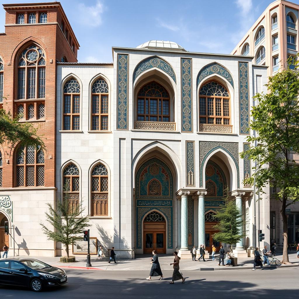 A view of an Iranian Islamic religious building in the style of the Safavid era, located at the intersection of two main streets in the city center