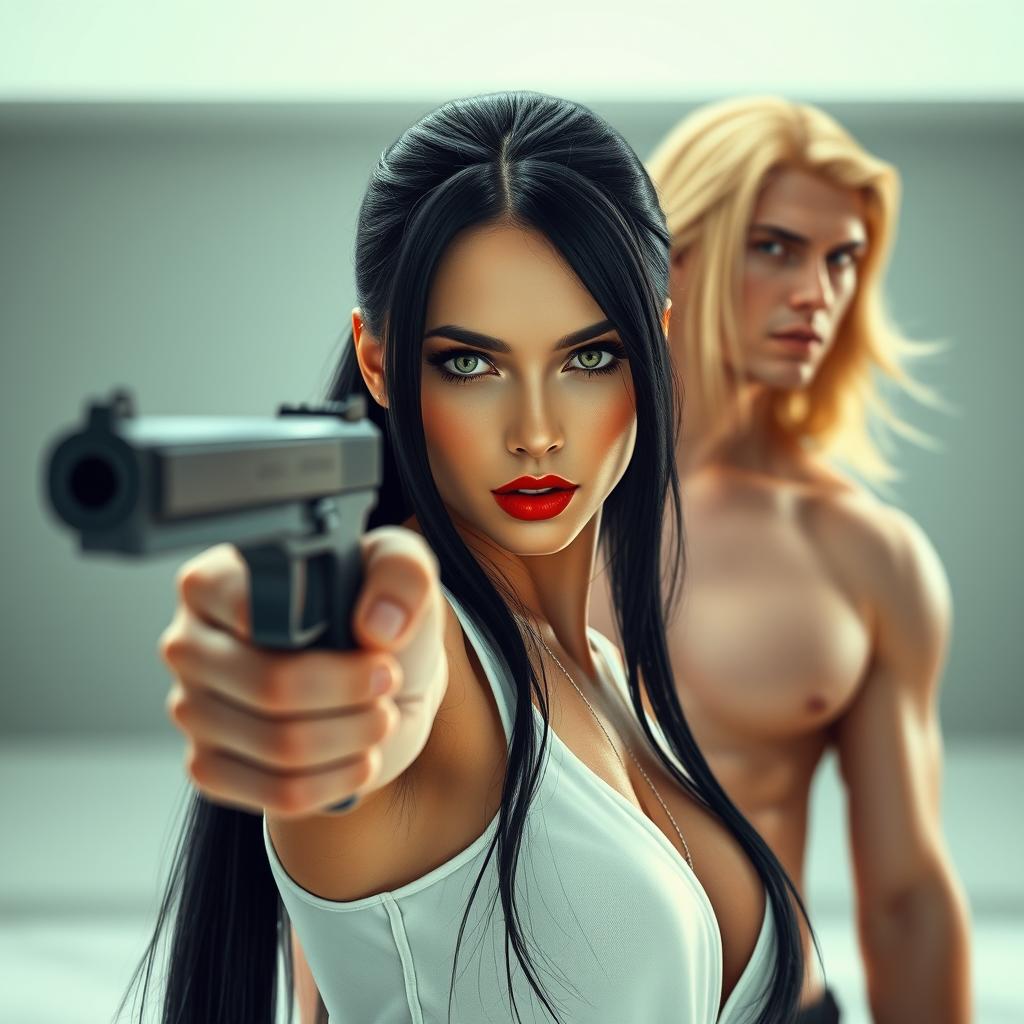 A stunning short woman with exceptionally long black hair cascading down her back, sharp green eyes that sparkle with determination, and porcelain skin that glows in the light