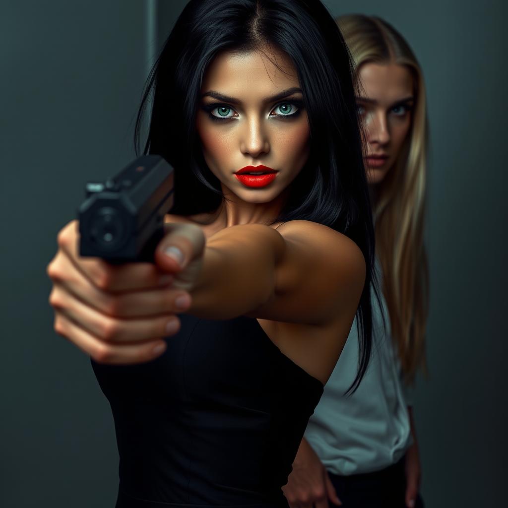 A beautiful short woman with very long black hair, striking green eyes, porcelain skin, and alluring red lips, confidently wearing an elegant dress and pointing a gun directly at the camera
