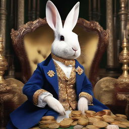 A wealthy rabbit dressed in a jewel-studded waistcoat, sitting in an opulent armchair with a gold monocle, surrounded by stacks of gold coins and precious gems