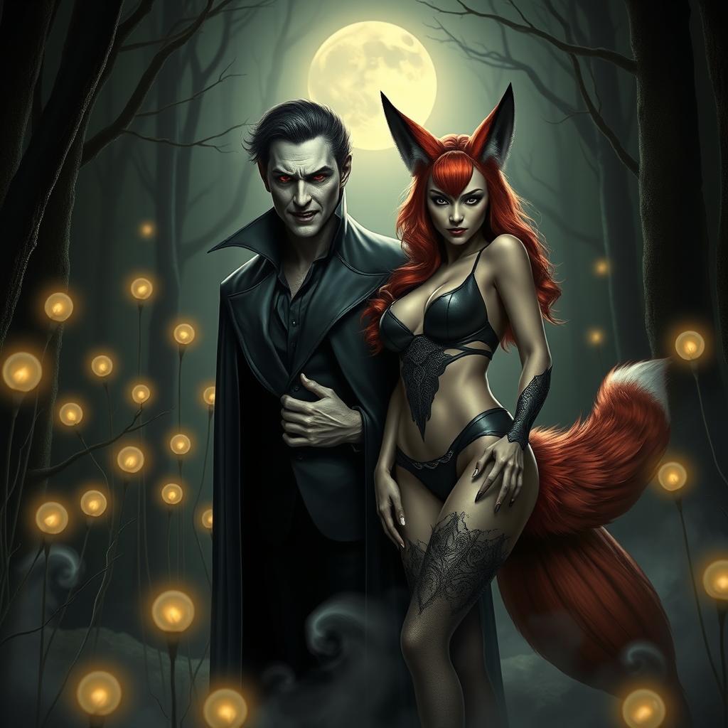 A striking and atmospheric portrait of a vampire and a vixen, featuring the vampire with pale skin, sharp fangs, and captivating red eyes dressed in an elegant black cape