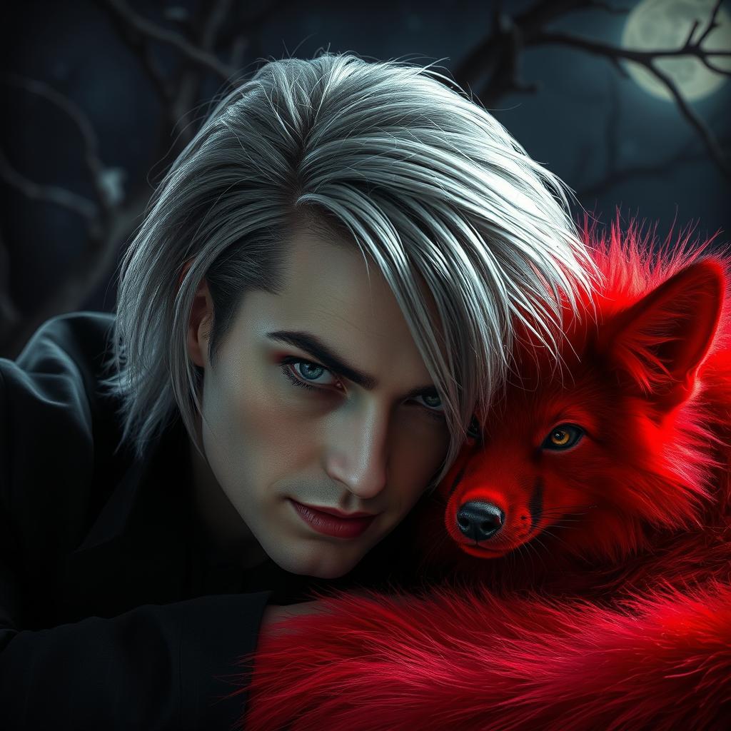 A captivating image of a vampire with striking grey hair, showcasing an alluring and mysterious expression