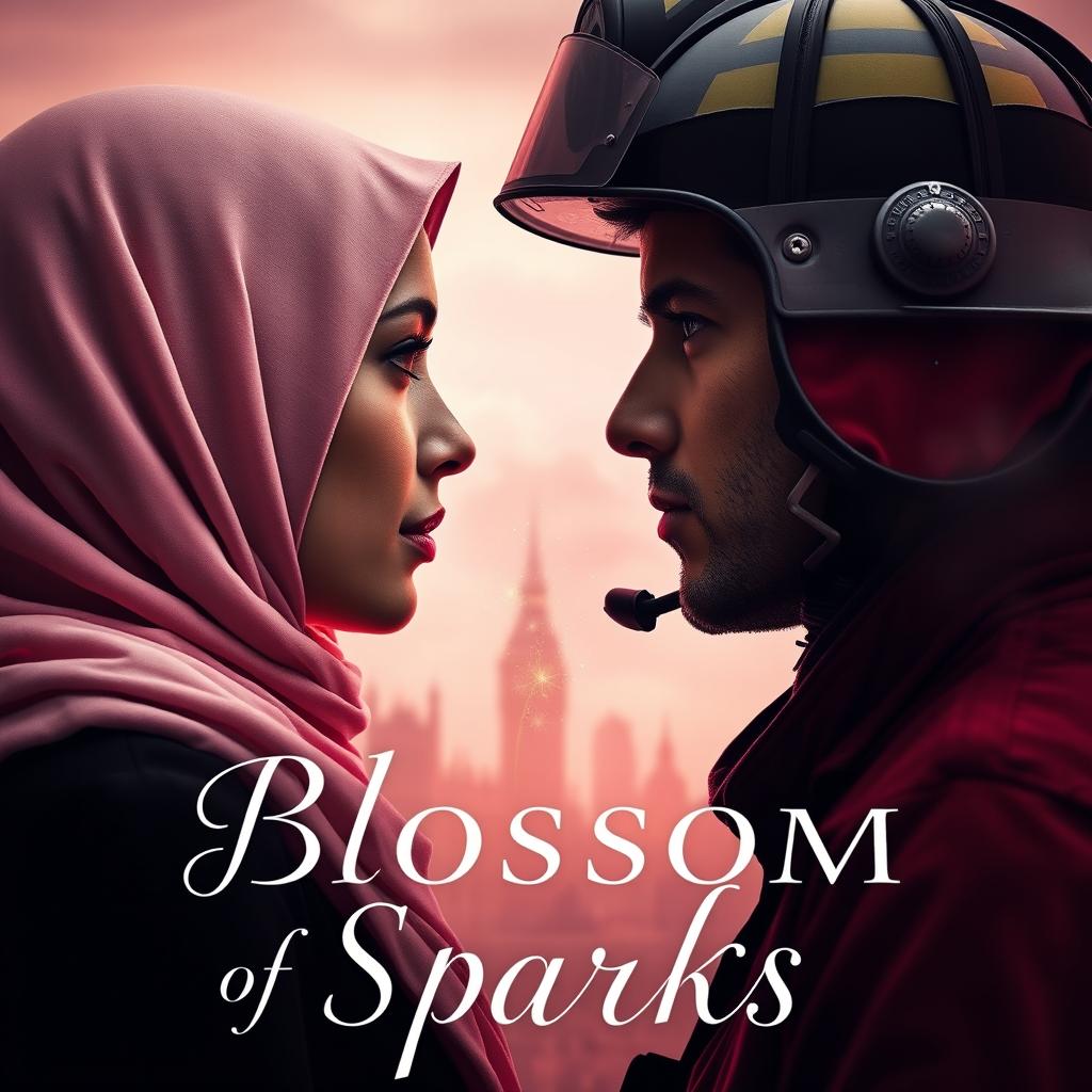 A moody, romantic book cover featuring a close-up of a woman in a soft pastel blush pink hijab and a man in a bold firefighter helmet, both shown in profile facing each other without touching