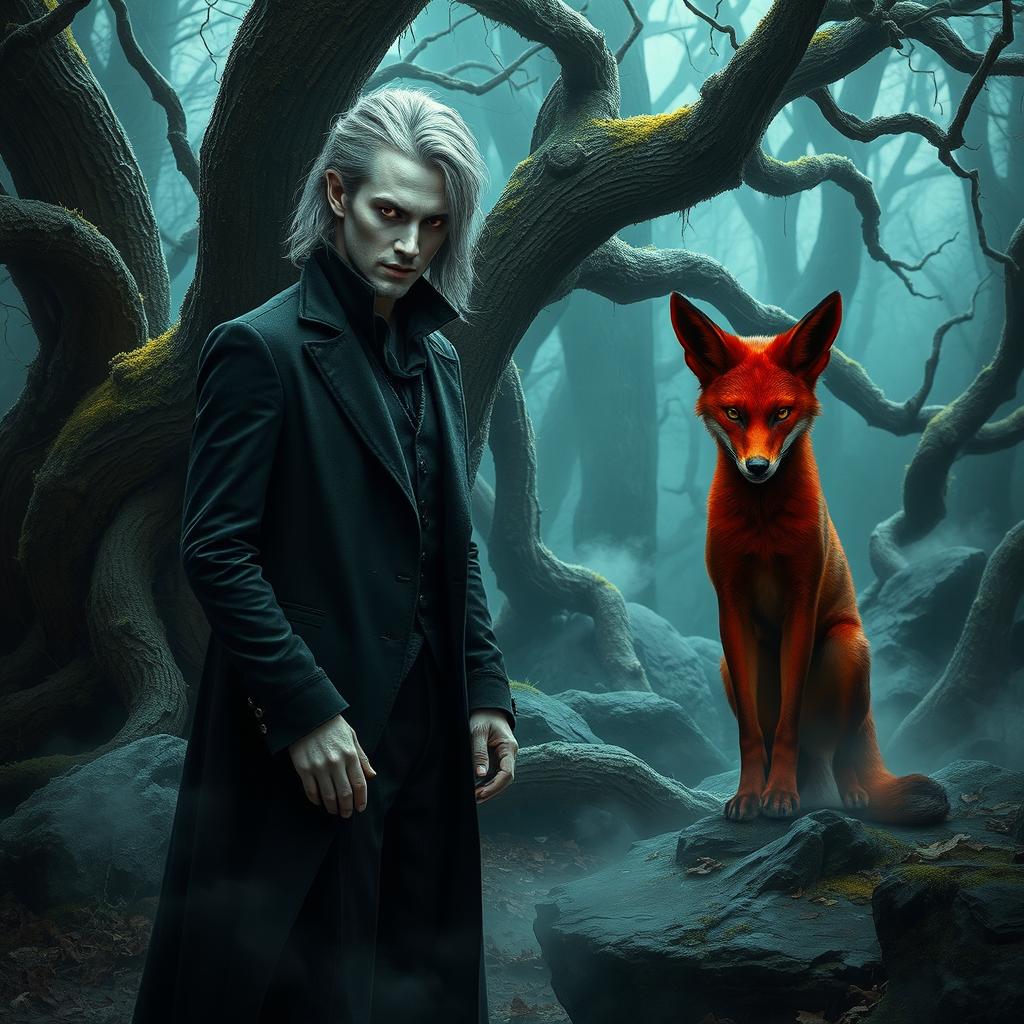 A captivating scene set in a mystical forest, featuring a vampire with striking grey hair and a fierce vixen standing beside him