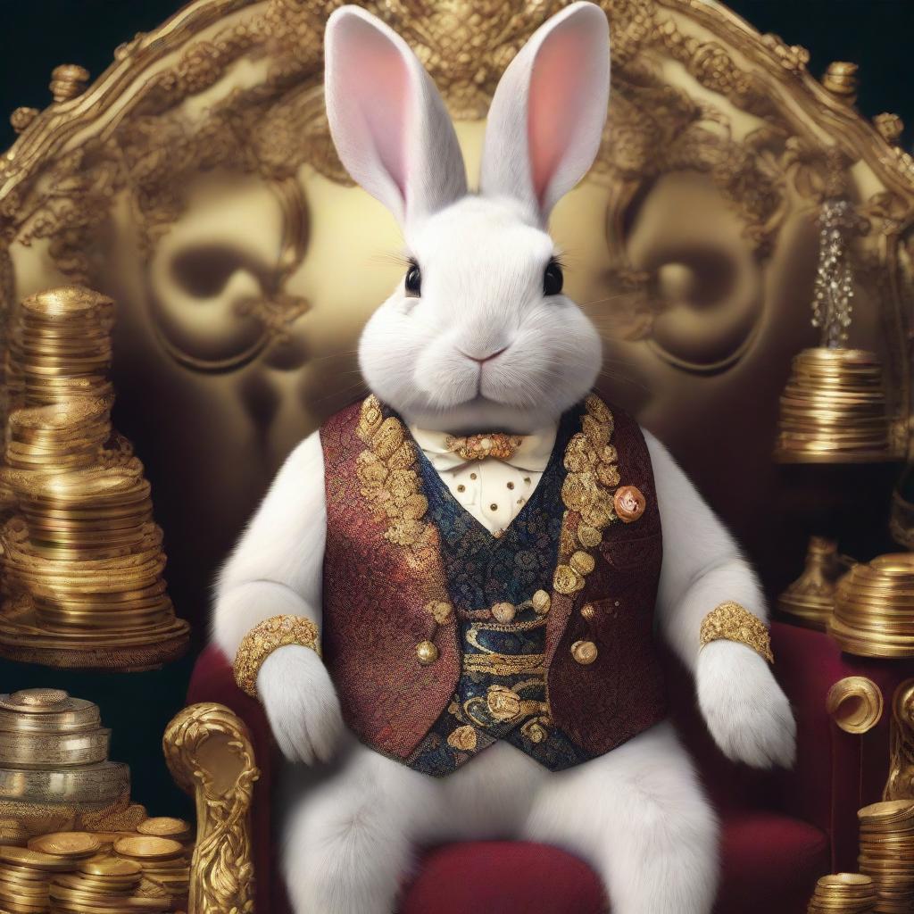 A wealthy rabbit dressed in a jewel-studded waistcoat, sitting in an opulent armchair with a gold monocle, surrounded by stacks of gold coins and precious gems