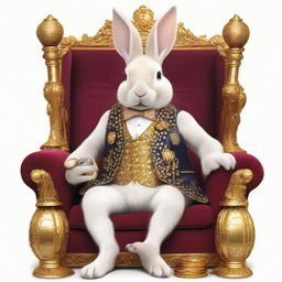 A wealthy rabbit dressed in a jewel-studded waistcoat, sitting in an opulent armchair with a gold monocle, surrounded by stacks of gold coins and precious gems