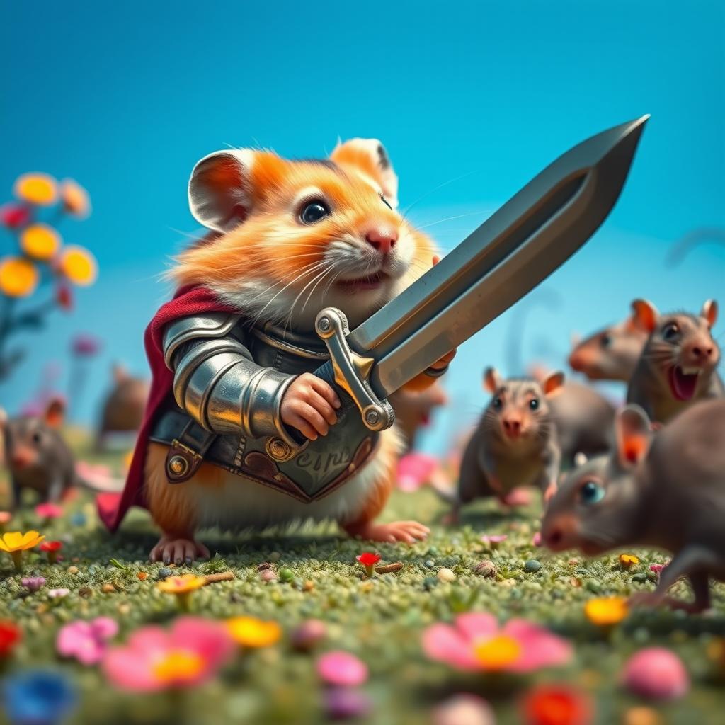A heroic hamster in a miniature medieval armor valiantly fighting against a group of menacing rats in an epic battle scene