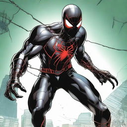 Evil Spider-Man adaptation in a black armored suit with a large red spider emblazoned on the chest. Distinguishable features include four red eyes, a red hood, a white web-woven cape, and Batman-style spade bracelets.