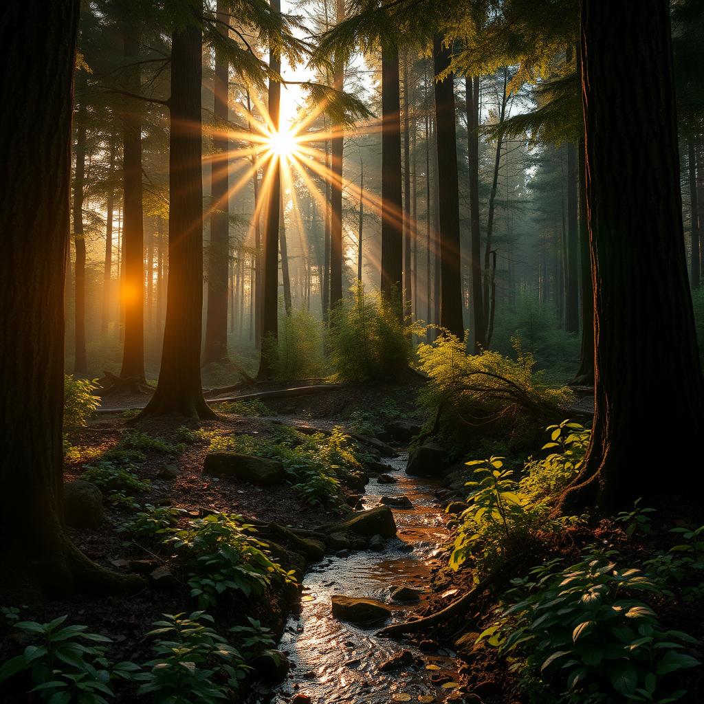 A photorealistic forest scene during the golden hour, with sun rays piercing through dense trees, casting beautiful dappled light on the forest floor