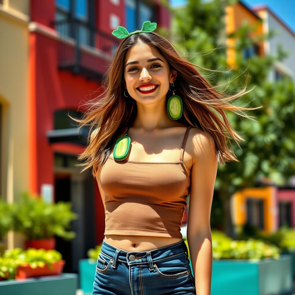 A stylish young woman confidently wearing a fitted top, trendy jeans, and a fashionable cucumber-themed accessory that stands out