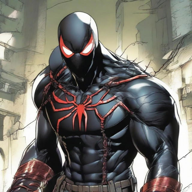 Evil Spider-Man adaptation in a black armored suit with a large red spider emblazoned on the chest. Distinguishable features include four red eyes, a red hood, a white web-woven cape, and Batman-style spade bracelets.