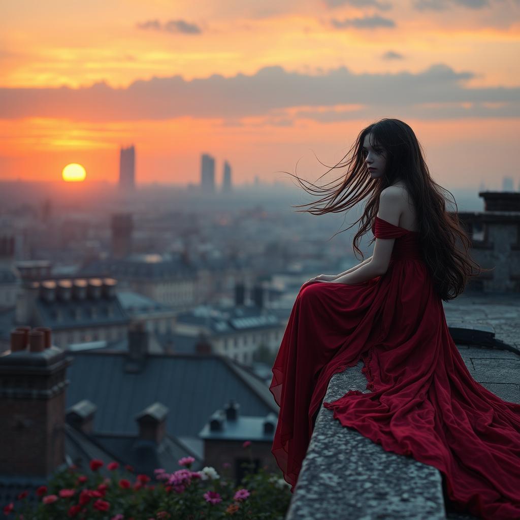 A hauntingly beautiful scene of a girl with long flowing hair, dressed in a blood-red, flowing gown, sitting gracefully on the edge of a rooftop