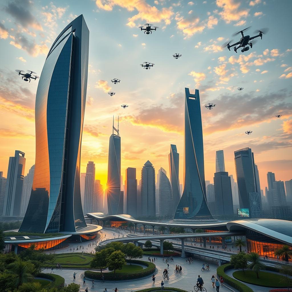 A stunning futuristic city skyline dominated by a tall, sleek skyscraper, featuring a glass facade that reflects the vibrant colors of the sunset