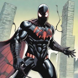 Evil Spider-Man adaptation in a black armored suit with a large red spider emblazoned on the chest. Distinguishable features include four red eyes, a red hood, a white web-woven cape, and Batman-style spade bracelets.