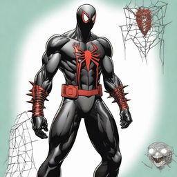 Evil Spider-Man adaptation in a black armored suit with a large red spider emblazoned on the chest. Distinguishable features include four red eyes, a red hood, a white web-woven cape, and Batman-style spade bracelets.