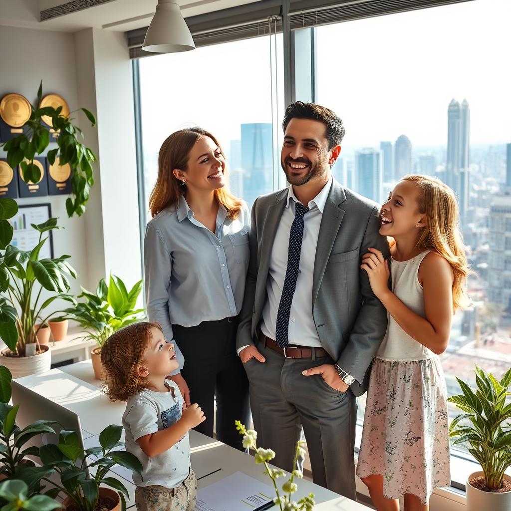 A vision of a successful future, featuring a confident 41-year-old business owner in a bright, modern office filled with plants and large windows showcasing a vibrant city skyline