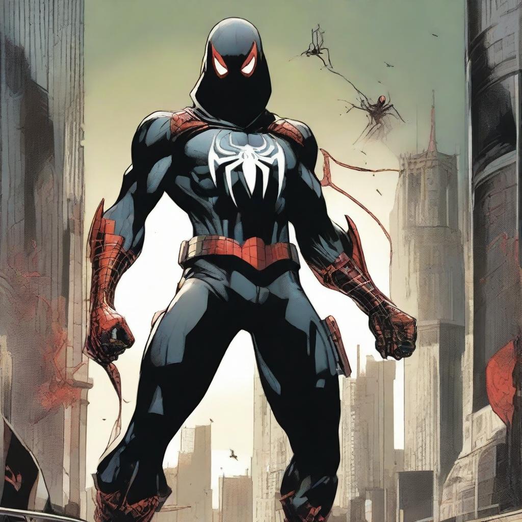 Evil interpretation of Spider-Man in a black armored suit with a large red spider mark on the chest, coupled with four ominous red eyes, a red hood, a white cape fashioned from webbing, and Batman-inspired spade bracelets.