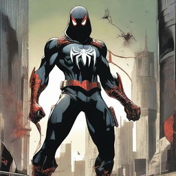 Evil interpretation of Spider-Man in a black armored suit with a large red spider mark on the chest, coupled with four ominous red eyes, a red hood, a white cape fashioned from webbing, and Batman-inspired spade bracelets.