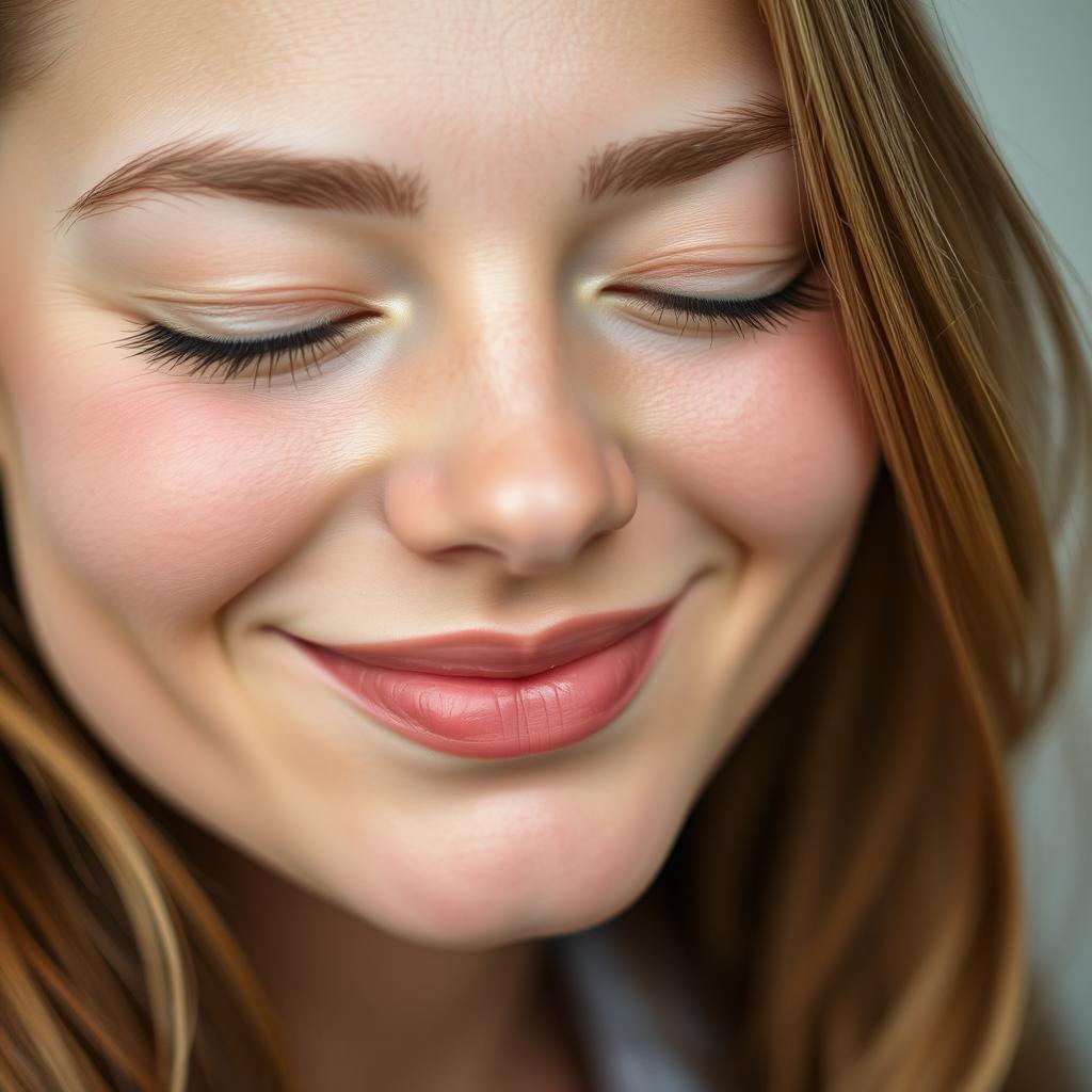 A neutral smile with a closed mouth, featuring a close-up view of a person's face showing serene and calm expressions