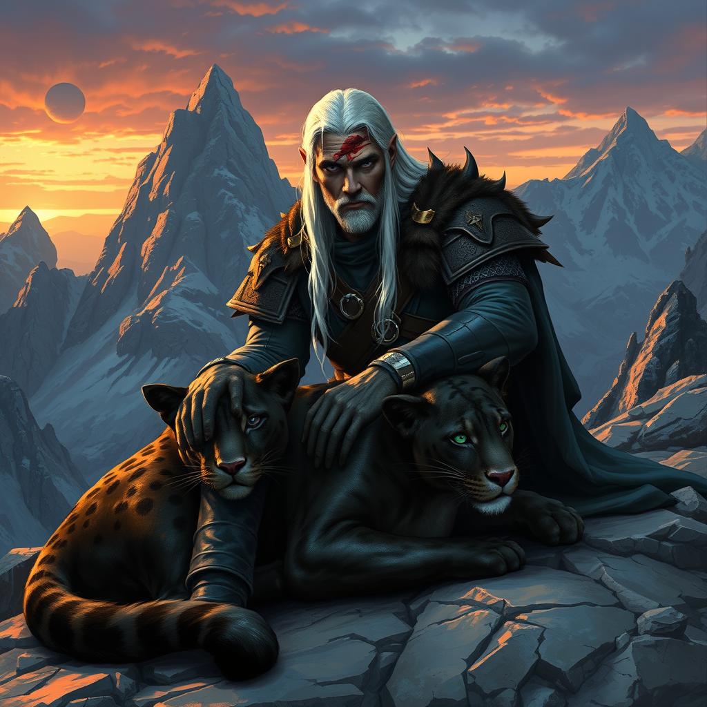 A dark elf warrior, Drizzt Do'Urden, sitting on a rugged mountain landscape