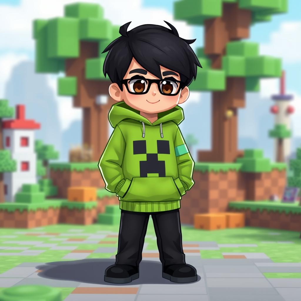 A Minecraft-inspired character design featuring a boy wearing a vibrant green hoodie with a creeper face design on the center